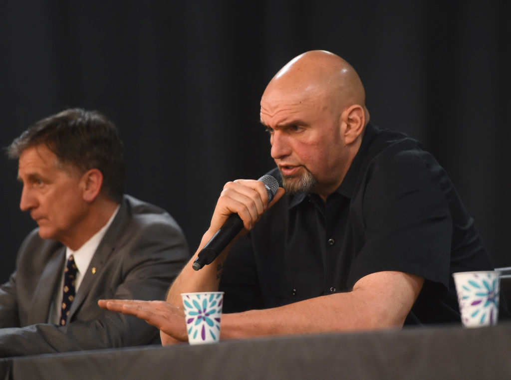 Lt. Gov. John Fetterman, right, speaks during the program. At the Red Knight Accelerated Academy in Reading Tuesday evening April 9, 2019 for Lt. Gov. John Fetterman's listening tour about the possibility of legalizing recreational marijuana. Photo by Ben