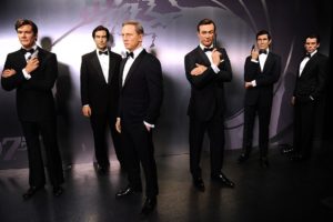 GettyImages-501721410 Wax figures of actors Sean Connery, Pierce Brosnan, Daniel Craig, Roger Moore, George Lazenby and Timothy Dalton as the character James Bond