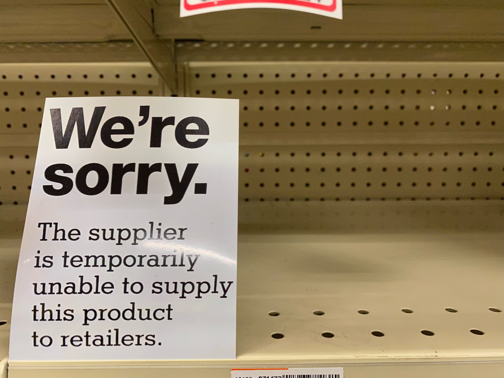We're Sorry, Supplier Temporarily unable to supply this product to retailers sign on shelf at CVS store, Queens, New York