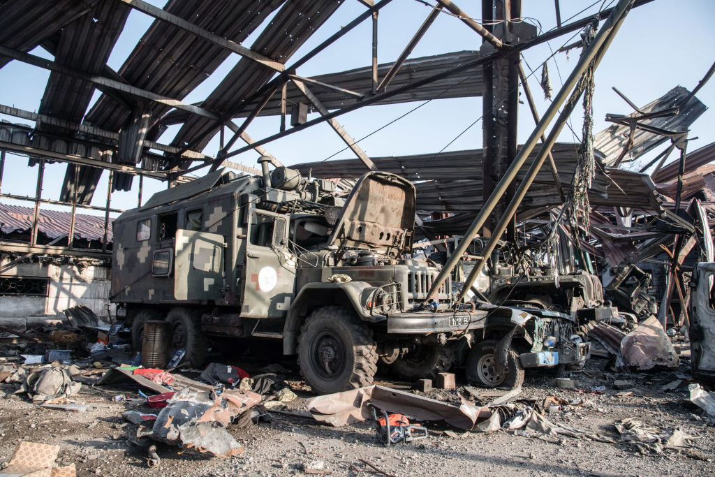 Destroyed Ukrainian military vehicles in a warehouse on the