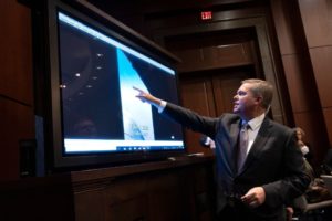 GettyImages-1397760095 Deputy Director of Naval Intelligence Scott Bray explains a video of an unidentified aerial phenomena,