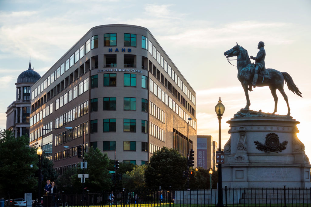 Washington DC, Thomas Circle, George Henry Thomas, Union Army, equestrian statue and skyline at dusk - noncitizen