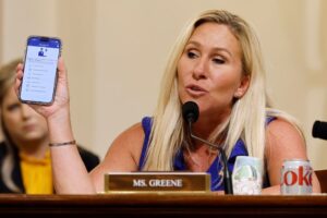 GettyImages-1496463655 Rep. Marjorie Taylor Greene (R-GA) questions witnesses about the CBP One app