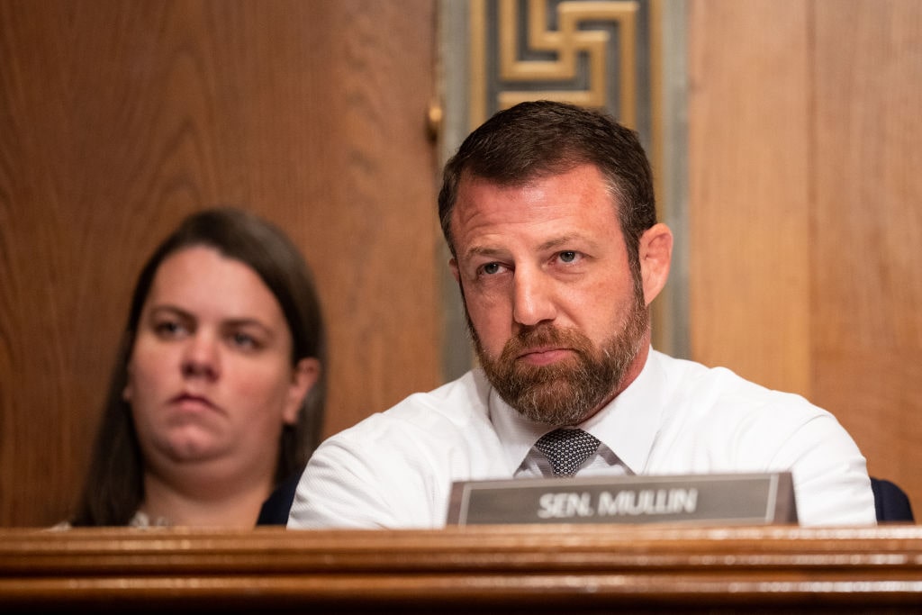 Labor Union HearingWASHINGTON - NOVEMBER 14: Sen. Markwayne Mullin, R-Okla., listens during the Senate Health, Education, Labor and Pensions Committee hearing on "Standing Up Against Corporate Greed: How Unions are Improving the Lives of Working Families" on Tuesday, November 14, 2023, in the Dirksen Senate Office Building. (Bill Clark/CQ-Roll Call, Inc via Getty Images)