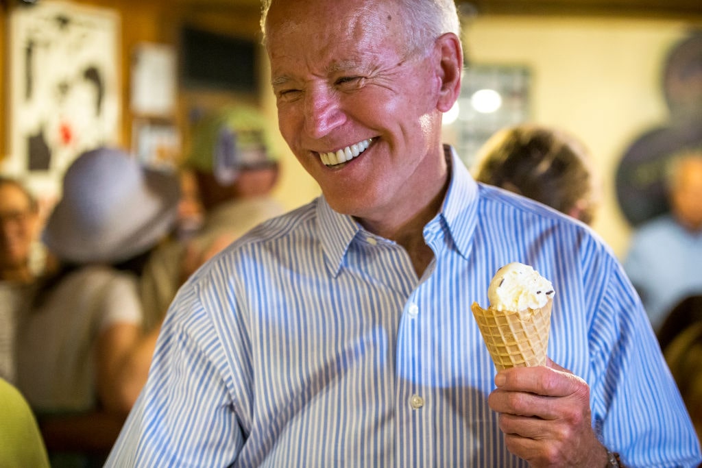 U.S. Presidential Candidate Joe Biden Visits NHPORTSMOUTH, NH - JULY 12: U.S. presidential candidate and former Vice President Joe Biden laughs after getting served ice cream at Annabelle's Natural Ice Cream in Portsmouth, NH on July 12, 2019. (Photo by Nic Antaya for The Boston Globe via Getty Images)