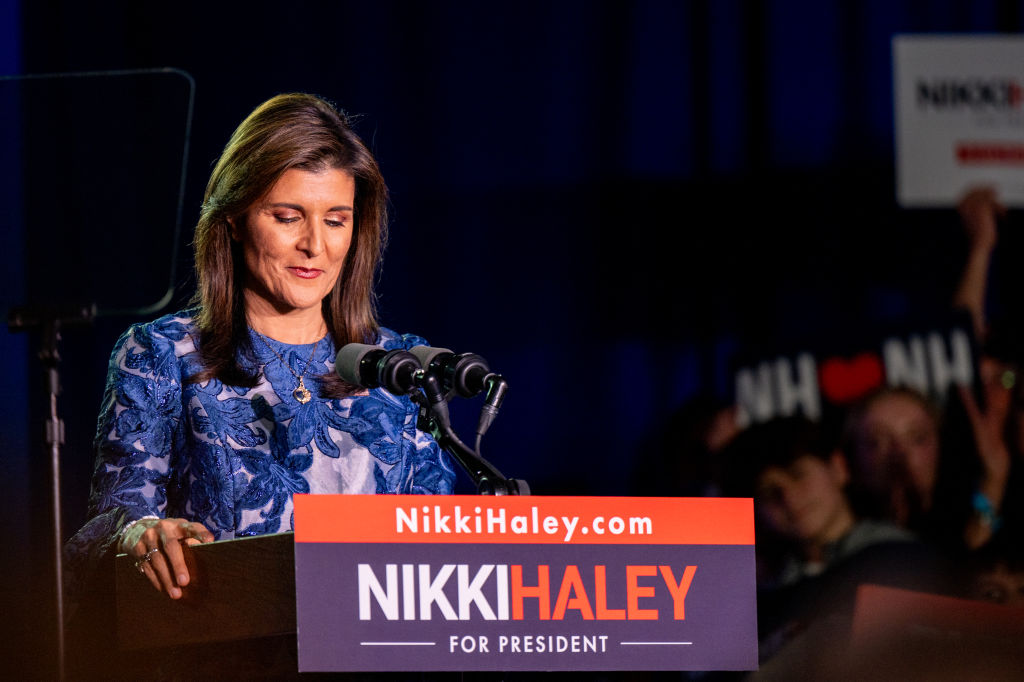 Republican Presidential Candidate Nikki Haley Holds New Hampshire Primary Night Event In ConcordCONCORD, NEW HAMPSHIRE - JANUARY 23: Republican presidential candidate, former U.N. Ambassador Nikki Haley delivers remarks at her primary-night rally at the Grappone Conference Center on January 23, 2024 in Concord, New Hampshire. New Hampshire voters cast their ballots in their state's primary election today. With Florida Gov. Ron DeSantis dropping out of the race Sunday, Haley and former President Donald Trump are battling it out in this first-in-the-nation primary. (Photo by Brandon Bell/Getty Images)
