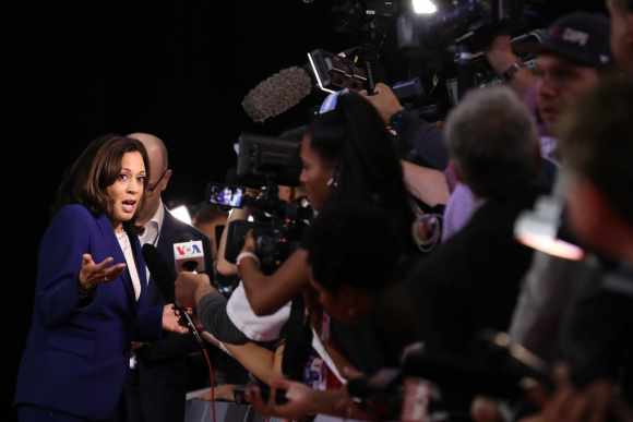 Democratic Presidential Candidates Participate In Fourth Debate In Ohio WESTERVILLE, OHIO - OCTOBER 15: Sen. Kamala Harris (D-CA) enters the Spin Room after the Democratic Presidential Debate at Otterbein University on October 15, 2019 in Westerville, Ohio. A record 12 presidential hopefuls are participating in the debate hosted by CNN and The New York Times. (Photo by Chip Somodevilla/Getty Images)