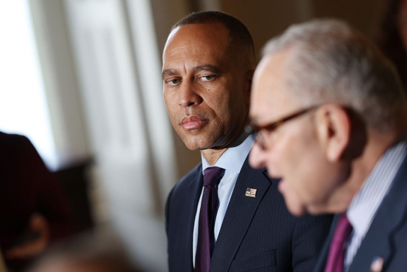 Congressional Lawmakers Continue Work On Funding Bill After Government Shuts Down WASHINGTON, DC - OCTOBER 16: U.S. House Minority Leader Hakeem Jeffries (D-NY) and Senate Minority Leader Chuck Schumer (D-NY) speak to reporters at the U.S. Capitol on October 16, 2025 in Washington, DC. Senators failed to pass legislation to reopen the government after a 10th vote on short term funding. (Photo by Anna Moneymaker/Getty Images)